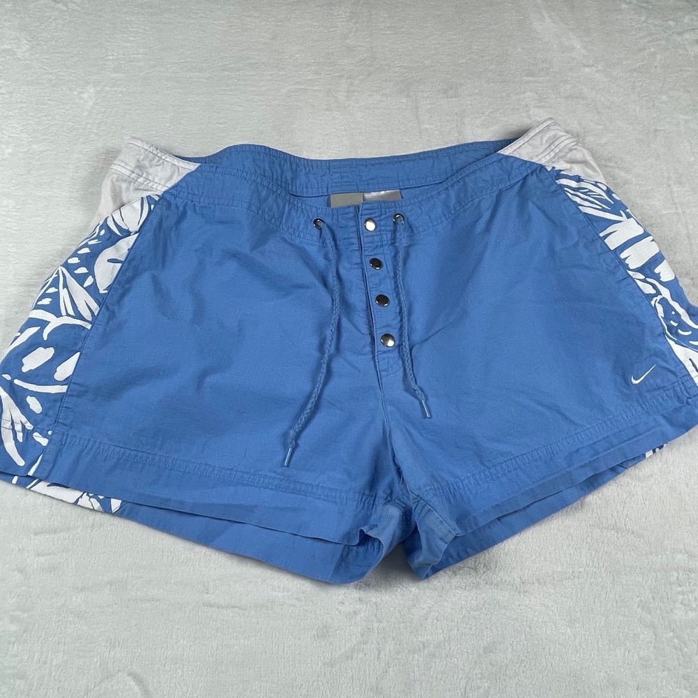 Nike Vintage Blue Tropical Floral Board Shorts Womens XL Snap Fly Cotton Ripstop